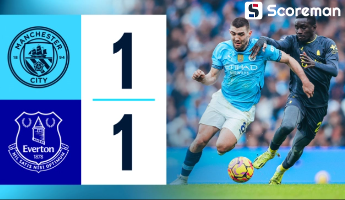 홀란드 PK 실축...맨시티, 에버턴과 1-1 무승부